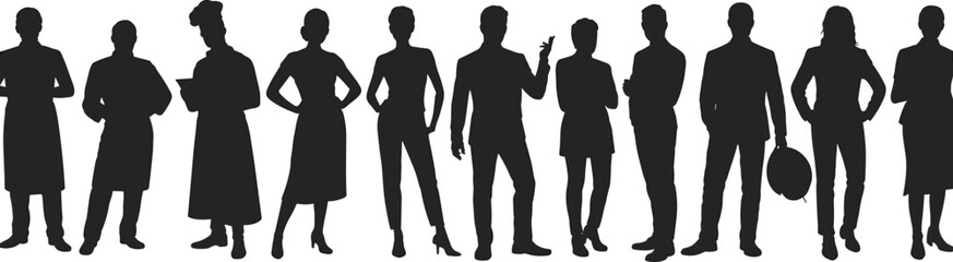 Large diverse business people silhouettes standing together isolated on light background studio scenePrint