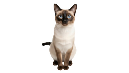 Isolated Siamese cat sitting looking straight ahead, beautiful kitty with blue eyes
