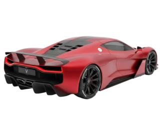 Isolated exotic red sports car, rear view, aerodynamic design for high speed performance