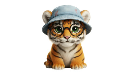 Cute Baby Tiger Cub Character Illustration Wearing Blue Bucket Hat and Glasses Isolated