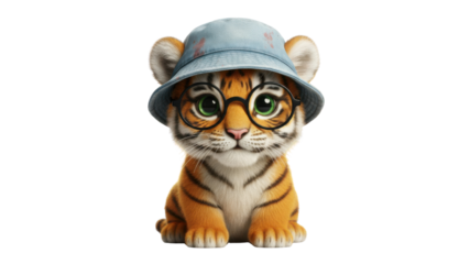 Cute Baby Tiger Cub Character Illustration Wearing Blue Bucket Hat and Glasses Isolated