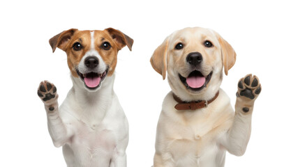 Happy Jack Russell Terrier and Golden Retriever puppy with raised paws, isolated on white.