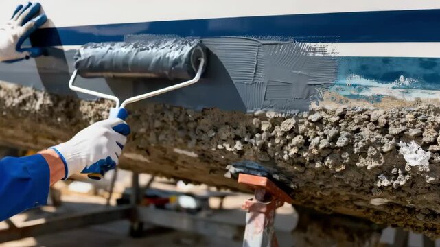 Closeup of a marine technician applying hard antifouling coating to a yacht hull ensuring longlasting protection against barnacles and algae growth.