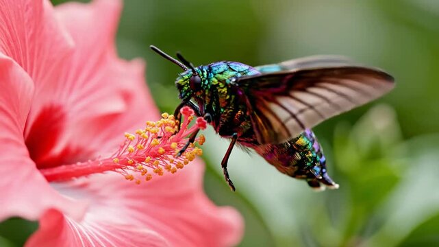 Iridescent Jewel Beetle Feeds On Nectar From A Vibrant Pink Hibiscus Flower In A Lush Green Garden On A Sunny Day Macro Photography Showing Intricate Details Of The Insect And Plant