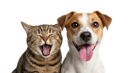 Cheerful Tabby Cat Laughing and Happy Jack Russell Terrier Dog Together on White Background