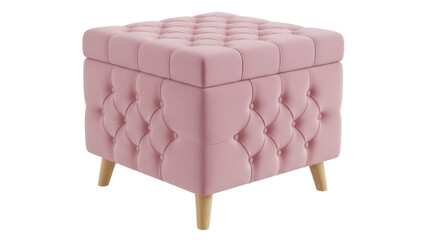 Isolated pink velvet storage ottoman with button-tufted details and wooden legs, home decor