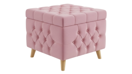 Isolated pink velvet storage ottoman with button-tufted details and wooden legs, home decor