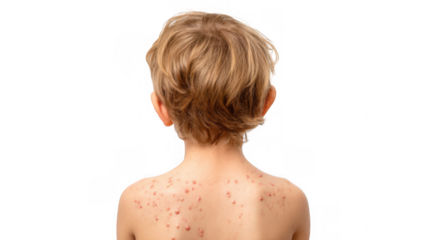 Little girl with blond hair tied up, seen from behind, showing chickenpox symptoms on her back, isolated on transparent background, ideal for health related projects