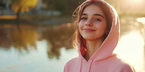 The image shows a young girl with a radiant smile, looking towards her right side. She is wearing a pink hoodie and has long hair tied back