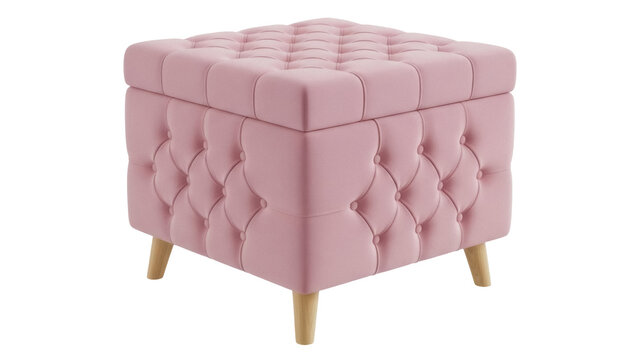 Isolated pink velvet storage ottoman with button-tufted details and wooden legs, home decor