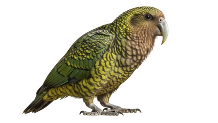 Isolated Kea parrot, a New Zealand alpine parrot with a large powerful beak and brown plumage