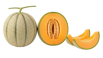 Isolated cantaloupe fruits, half and slices, refreshing and sweet summer food dessert ideas