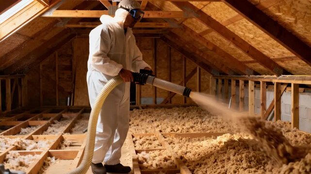 Worker using blower machine to fill attic with loose cellulose insulation ensuring energyefficient home temperature control