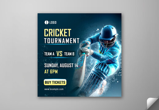 Editable Cricket Tournament Social Media Post Template with Participating Teams and Dispersion Effect Cricket Batter Player in Action on Blue Background.