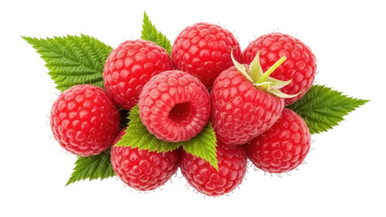 Isolated fresh ripe raspberries with leaves, healthy nutrition, delicious red fruits