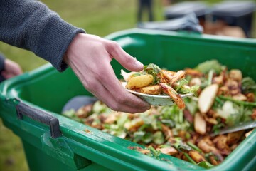Eco-Friendly Food Waste Management: Person Scrape Leftovers into Green Compost Caddy Action Shot
