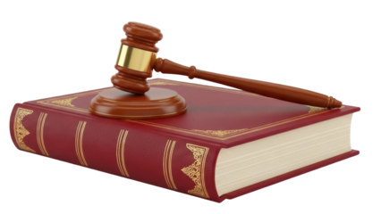 Isolated image of a gavel sitting atop a large, ornate book for the justice system