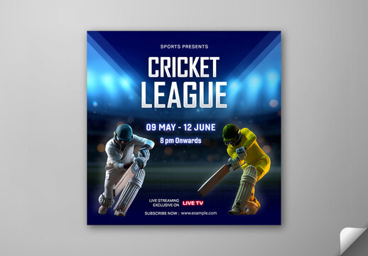 Editable Cricket League Match Social Media Post Template with Participating Cricket Batter Player Characters on Stadium Light Effect Background.