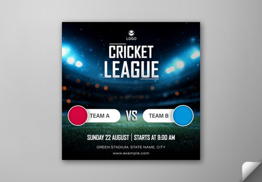 Editable Cricket League Match Social Media Post Template with Team A vs Team B Schedule and Stadium Lights Background.