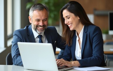 Obraz premium Two middle age business workers smiling happy and confident. Working together with smile on face using laptop at the office. High quality