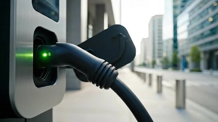 Electric vehicle charging with modern urban background - Powered by Adobe