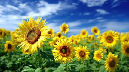 Fototapeta premium Brilliant yellow sunflowers bloom profusely under a vivid blue sky filled with white clouds