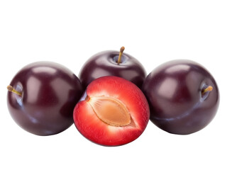 Isolated Plums with a Cross-Section in Center, Red Interior Fruit Still Life Studio Food Shot