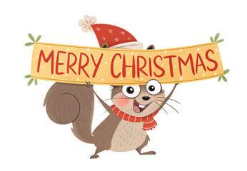 Fototapeta premium Cheerful squirrel wearing Santa hat holding Christmas banner, isolated on a transparent background