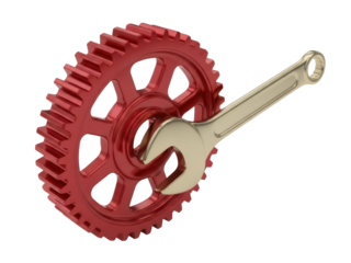 Isolated red gear with wrench tool concept, 3D rendering industrial mechanical cogwheel image