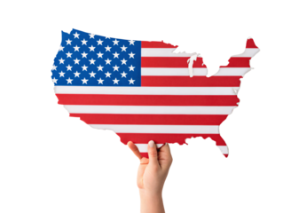 Hand holding USA flag shaped map cutout design, isolated on a transparent background