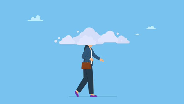 A businesswoman walking with brain fog, smoke or cloud covered her head. Brain fog causing mental problem or struggle, work anxiety or stress make confusion or depression.