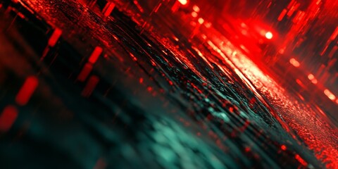 A dynamic image of red and green streaks against a dark background, reminiscent of rain falling with vibrant light effects.