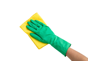 Hand wearing green glove wiping surface with yellow cloth, isolated on a transparent background