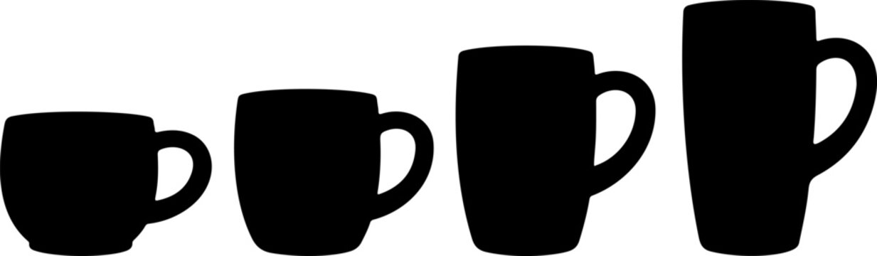 Coffee Mug Silhouettes Set, Black Cup Shapes Collection