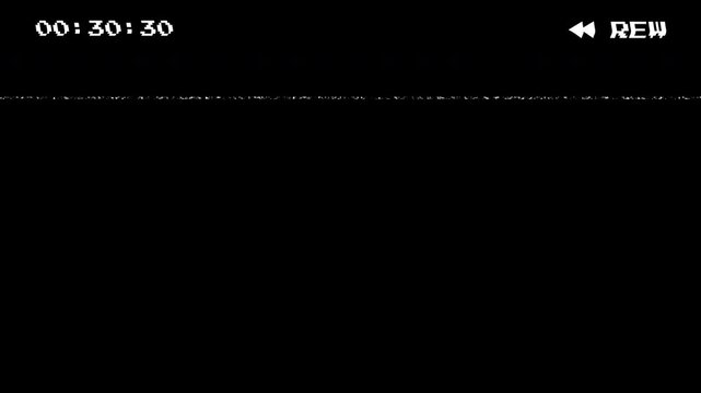 Analog vhs rewind display with glitch distortion and timecode, ideal for vintage video production, glitch aesthetic designs, and retro media themes. 4k video