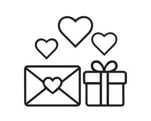 Vector line illustration of a love letter, gift, and hearts for Valentine's Day