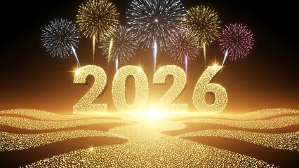 Glowing golden fireworks display with 2026 text on a dark background