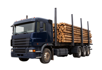 Dark blue logging truck loaded with timber logs, isolated on a transparent background