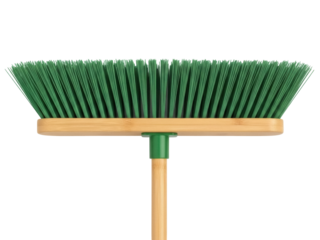 Isolated green broom head with wooden handle for cleaning, sweeping floor surfaces indoors