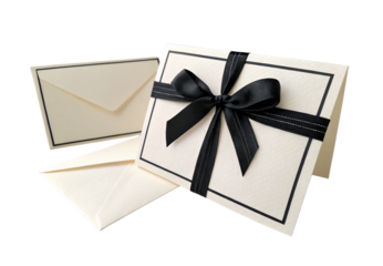 Formal invitation cards with black ribbon bow envelopes, isolated on a transparent background