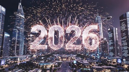 Futuristic Cityscape Countdown Celebration with Explosive Fireworks Display