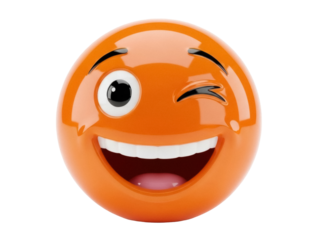 Isolated shiny orange emoji face with winking expression, wide toothy smile, social media icon