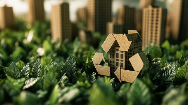 A futuristic city model showcases innovative housing structures made from recycled materials, symbolizing sustainable urban development.