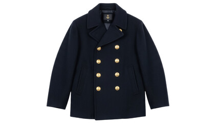 Isolated navy blue pea coat with gold buttons, classic warm outerwear for men and women
