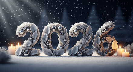 Winter wonderland scene with 2022 numbers and candles