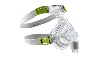 Cpap mask providing continuous positive airway pressure, a common treatment for sleep apnea, features adjustable headgear and a transparent design on a transparent background