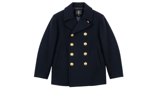 Isolated navy blue pea coat with gold buttons, classic warm outerwear for men and women
