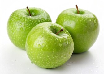 Fresh Green Apples with Water Droplets on White Background