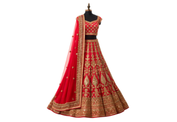 Red Indian wedding lehenga dress, isolated on a transparent background