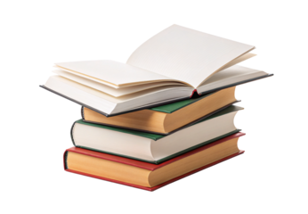 Stack of books with one open on top, isolated on a transparent background